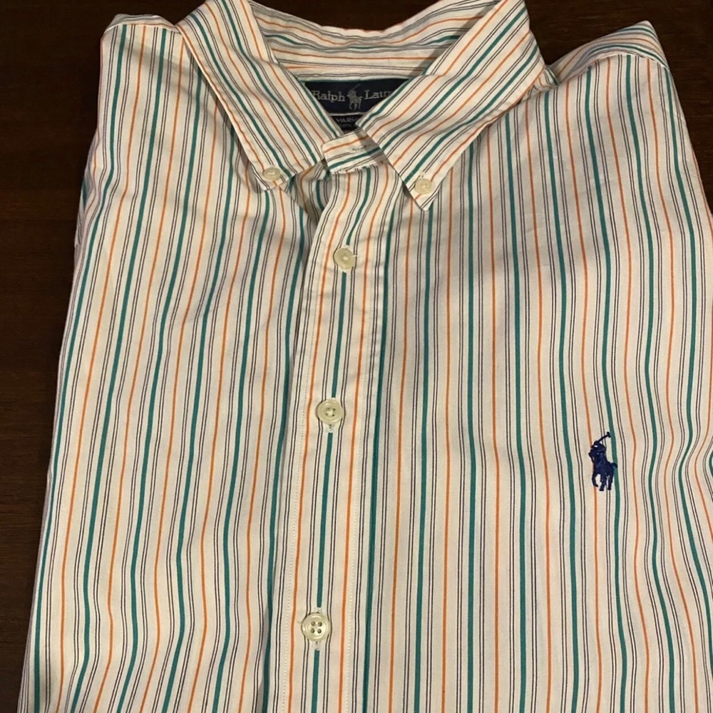 POLO RL GREEN & ORANGE FINE LINE LONG SLEEVE BUTTON DOWN SHIRT/SZ 2XL/PRE-OWNED